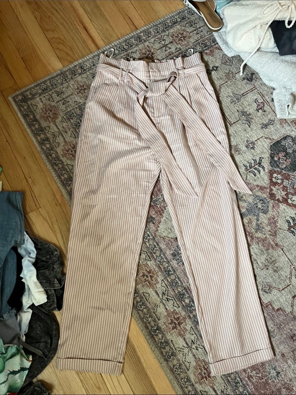 the clothing company Blush Pink Striped Paperbag Waist Trousers